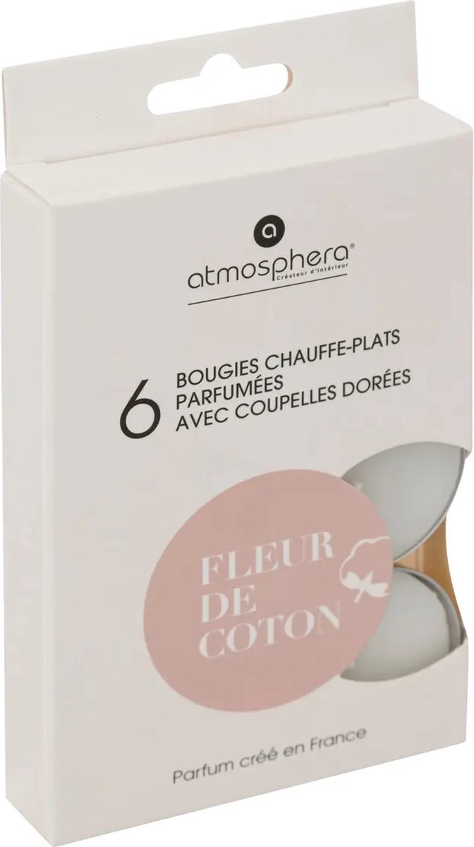 Atmosphera Createur D'Interieur - Geur Theelichtjes - Geurkaarsen - Waxinelichtjes - Geurende Theelichtkaarsen - Scented Tealight Candles - Katoen bloesem - Fleur de Coton - 1 doosje met 6 waxinelichtjes