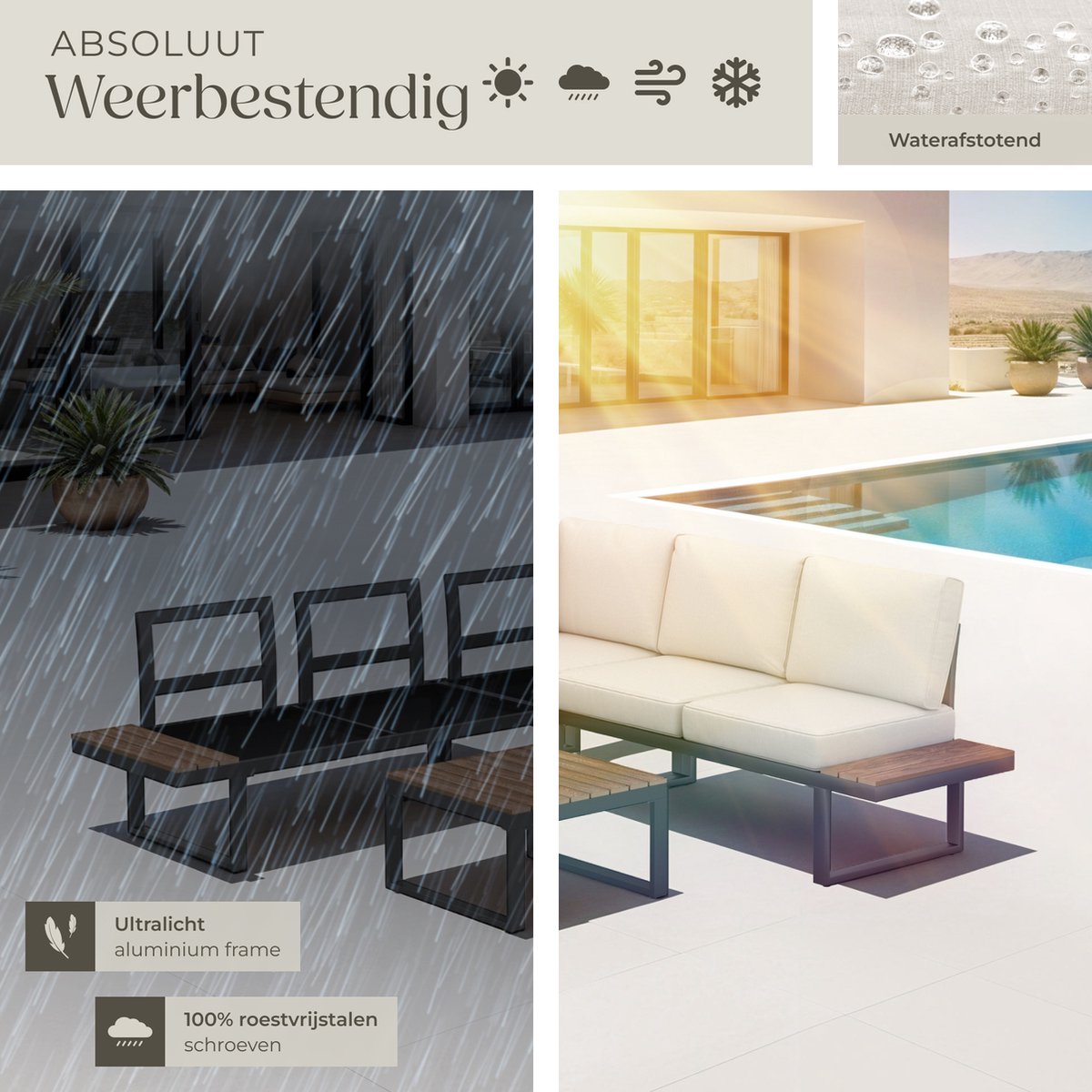 tectake® Tuinset Eliar - 4-Delige Loungeset - 5 Personen - Weerbestendige Hoekbank - Aluminium Frame - Houtlook Zijtafeltjes - Tuinbank -Tuintafel - Verstelbare Rugleuning - Ligbed - Tuinmeubelset met Kussens - Ideaal voor tuin, balkon en terras – foto 5