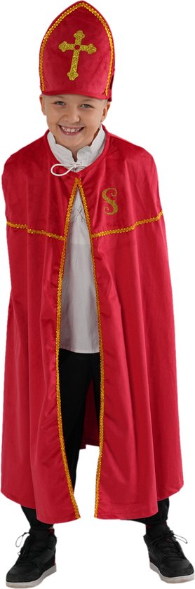 Zebra & Friends Sinterklaas Cape - Maat 128 - Sinterklaas Cadeautje - Cape met Mijter - Verkleedkleding - Velours - Rood