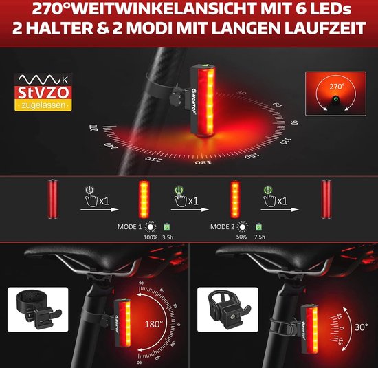 Led-fietsverlichtingsset met Lithium-ion-accu | StVZO-goedgekeurde Fietsverlichting | Superheldere USB Oplaadbare Waterdichte Koplamp voor Mountainbike — afbeelding 4