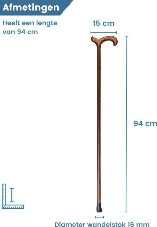 Houten wandelstok van 94 cm lang met een handvat van 15 cm breed. Diameter 16 mm.