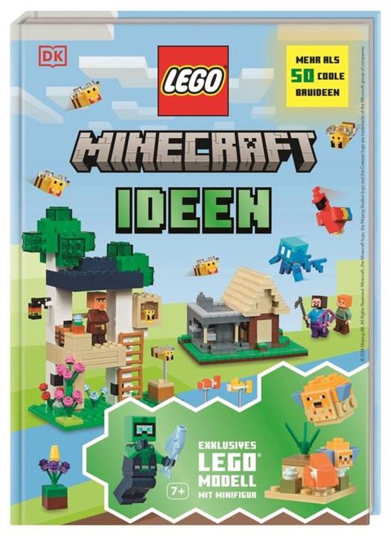 LEGO Minecraft Ideeën boek met LEGO-figuren en -bouwblokken, "MEHR ALS 50 COOLE BRUIDEEN" en "EXKLUSIVES LEGO MODELL MIT MINIFIGUR".