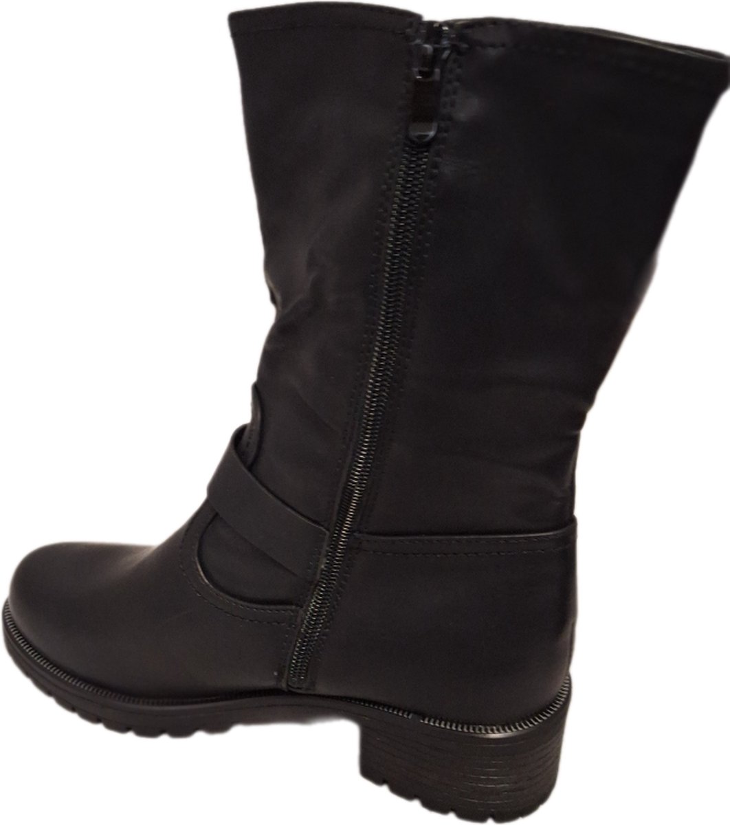 KAYLA-BIKERBOOTS-LEDERLOOK-BLACK-2 RIEMEN MET GESP-SIZE 38