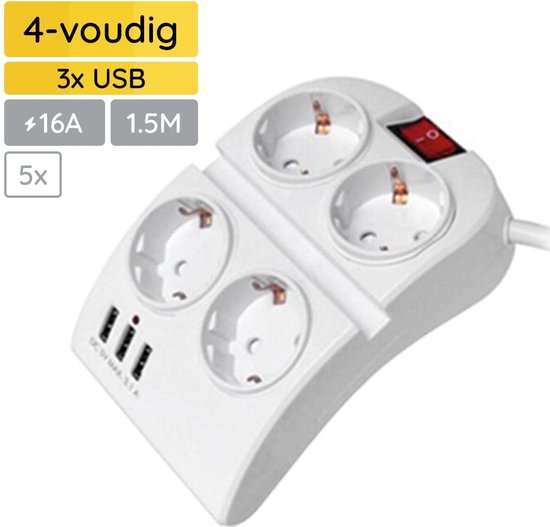 Stekkerdoos Met 4 Stopcontacten En 4 USB-poorten (incl. USB-C) – Onafhankelijke Schakelaars, Compact En Veilig – Wit