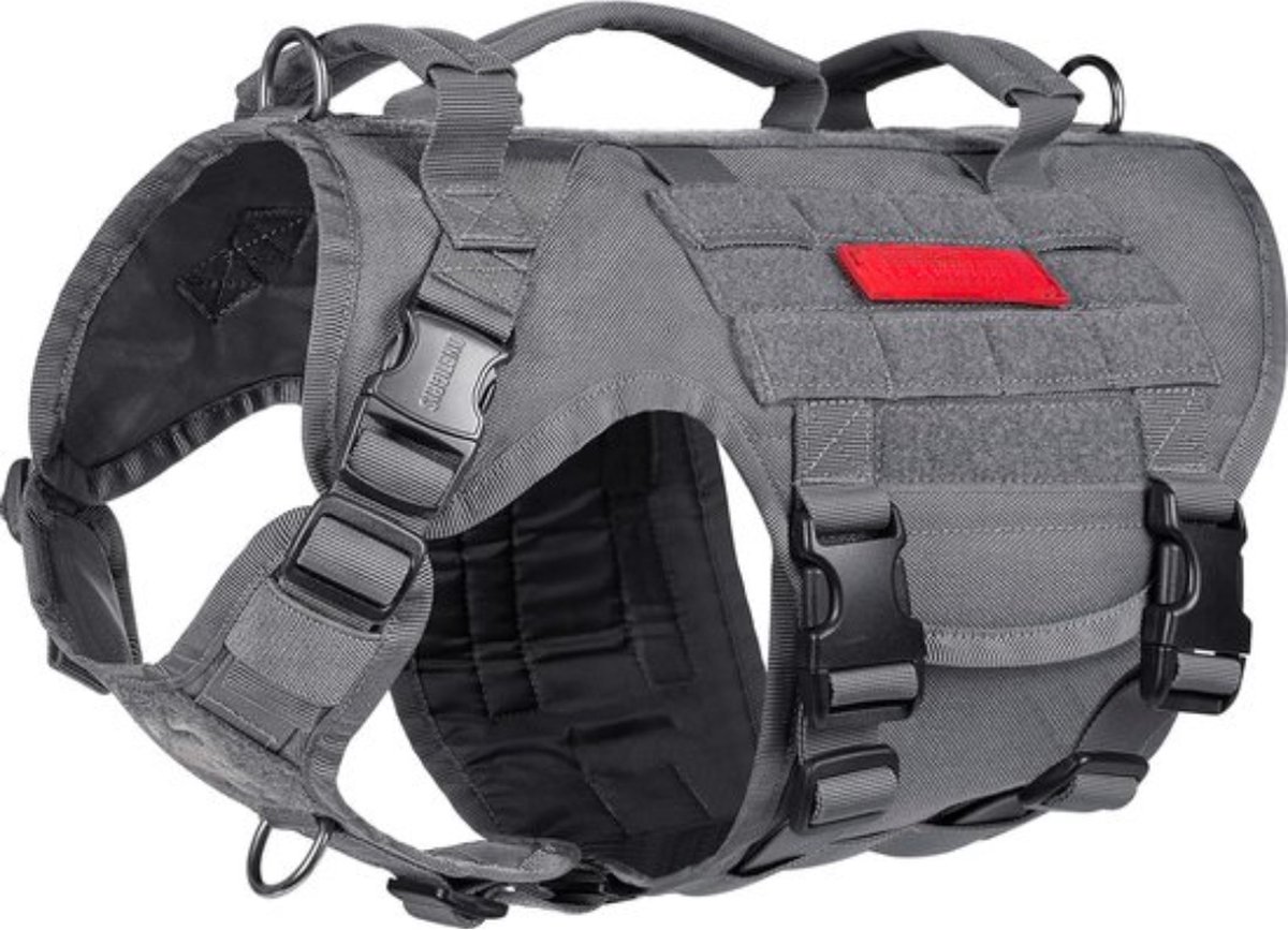 Hondenharnas, tactisch harnas, voor honden, 3 handgrepen, heavy duty, met metalen gespen, verstelbaar veiligheidstuigje voor middelgrote en grote honden, grijs, S