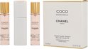 Chanel Coco Mademoiselle Eau de Toilette Twist and Spray set met drie flacons met gouden dopjes en een zilverkleurige verstuiver.