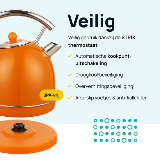 Bouilloire orange avec thermomètre, étiquette sans BPA et texte 'Sécurité'.