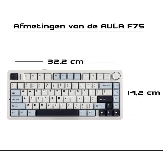 Afmetingen van het witte mechanische toetsenbord: 32,2 cm breed en 14,2 cm hoog.