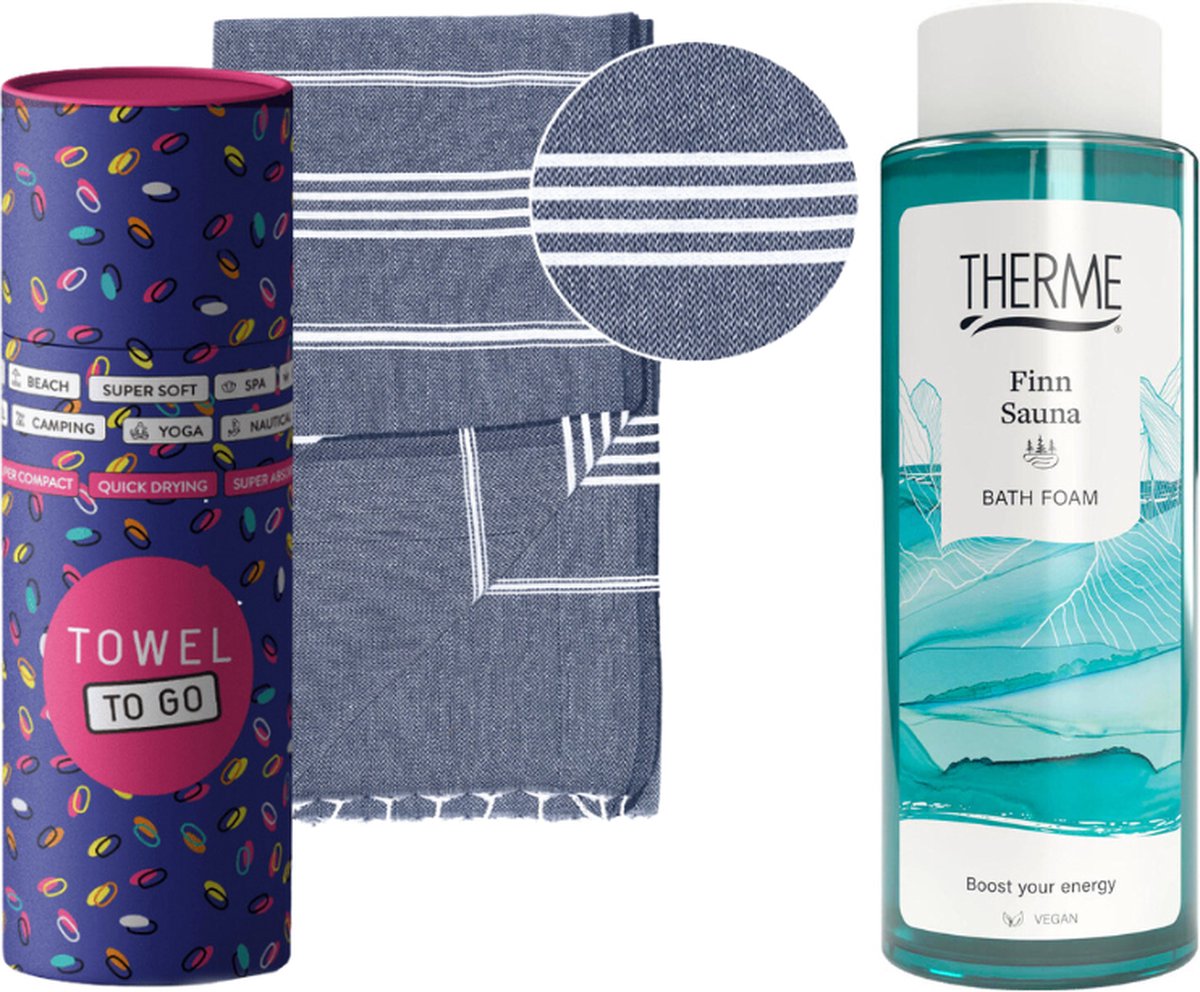 Goedkoopste Therme Cadeauset Bad Finn Sauna met Luxe Hamam Handdoek - Therme Bath Foam 500ml Finn Sauna - Towel To Go Hamamdoek Donkerblauw