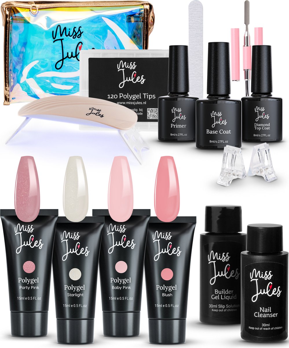 Miss Jules® Luxe Complete Polygel Nagel Kit - Nagel Verlenging Starterspakket - 4 Kleuren - HEMA & TPO Free - Incl. 36W UV LED Lamp Nagels, Gellak Lamp, Nagel Primer, Nail Cleanser - HEMA & TPO vrij - Incl. Instructievideo