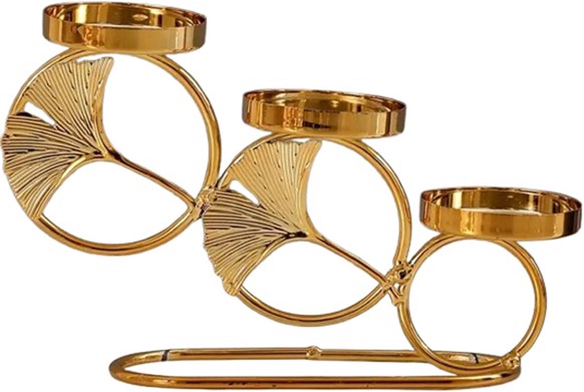 N3 Collecties Blad Kaarsenhouder met drie kopjes in gouden kleur-19cm