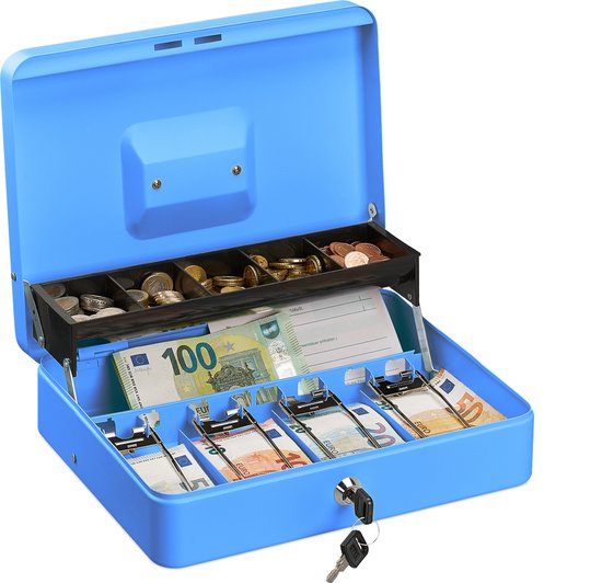 geldkistje met slot - sleutel - ijzer - 8,5 x 30,5 x 24,5 cm - blauw