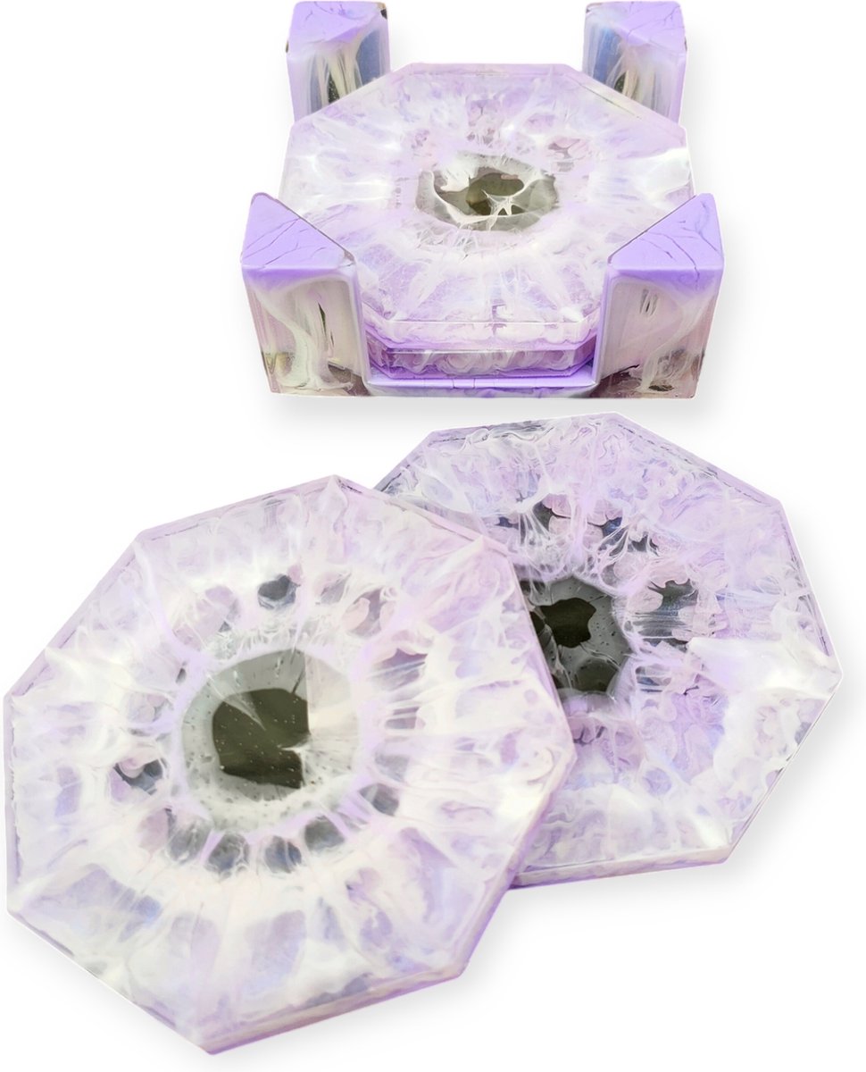 Resin Art JR: Unieke Handgemaakte Onderzetter set met houder / Tafel aankleding