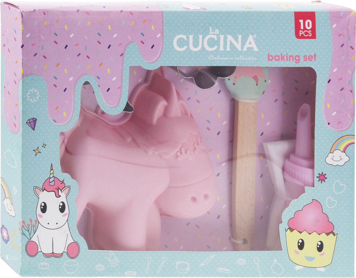Bakset voor kinderen 10 delig - spuitzak met 5 opzetstukken - cakevorm - spatel en 2 koekjesvormpjes - Unicorn - Roos