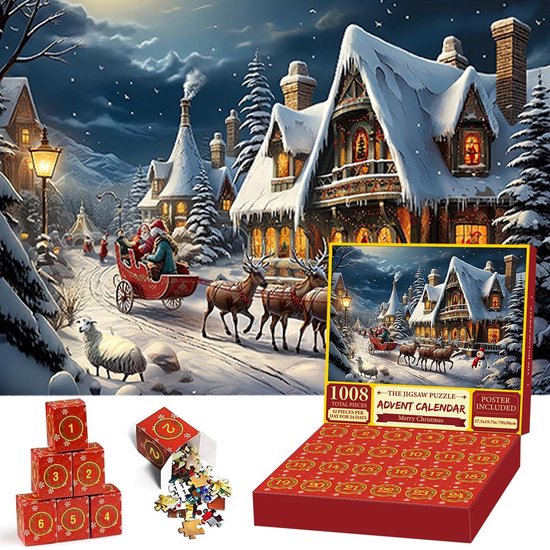 Kerstmis Puzzel Adventskalender - Prachtige Grote Legpuzzel - 1008 Stukjes - Kerstcadeau - Kerstpakket - Kerstdecoratie - 24 dagen aftellen - Geschikt voor volwassenen en kinderen - 50x70cm