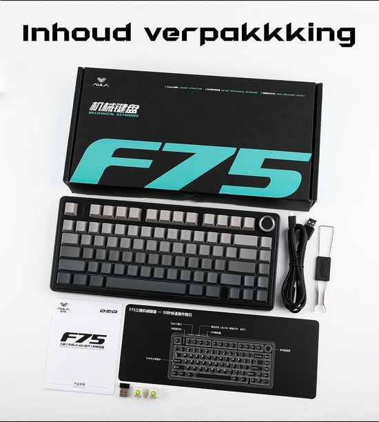 Verpakking van de AULA F75 met toetsenbord, kabels, handleiding en muismat.