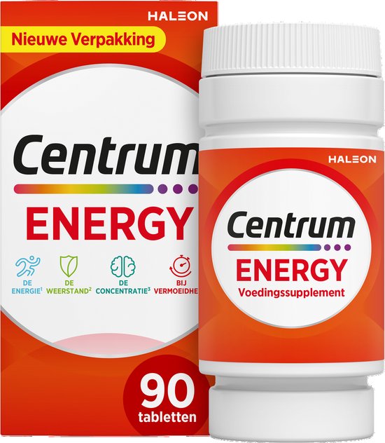 Verpakking en flesje Centrum ENERGY met 90 tabletten. "Nieuwe Verpakking" staat op de doos.