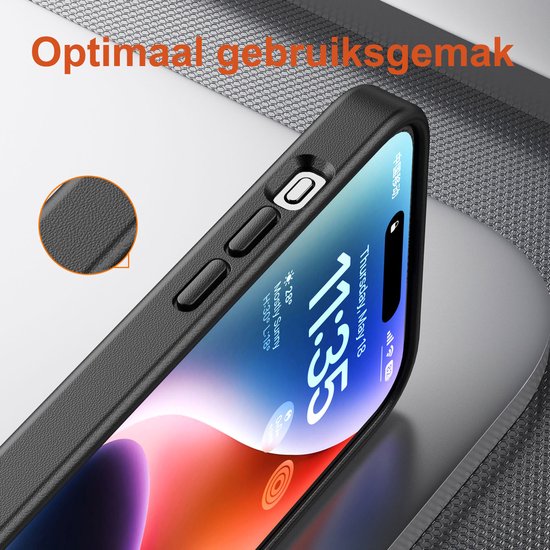 Zwarte hoes met textuur voor iPhone, detail van de knoppen en scherm.