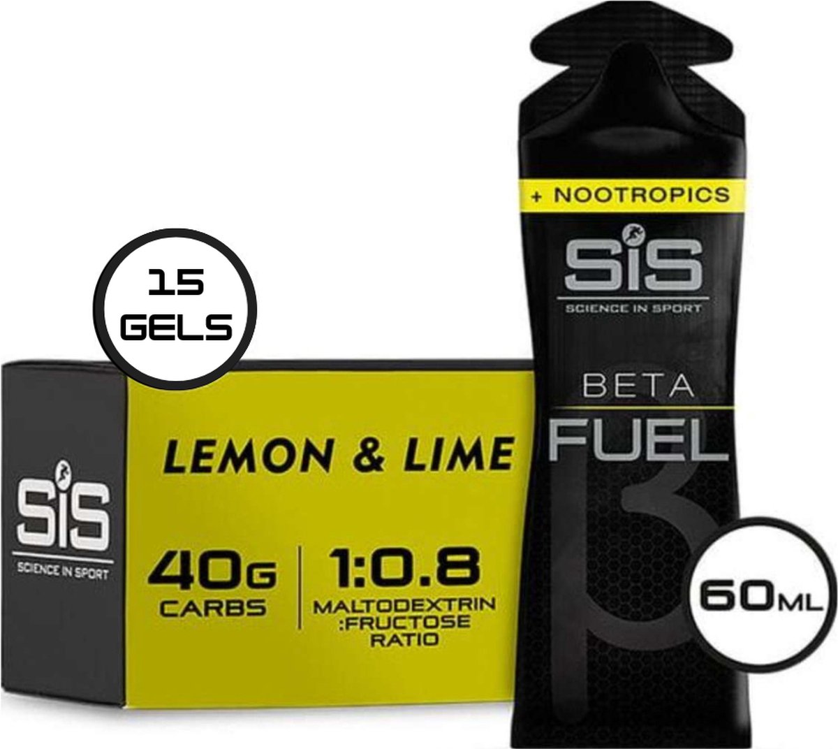 Science in Sport - SIS Beta Fuel - Dual Source energy gel Nootropics - Lemon & Lime smaak - 1 : 0,8 Maltodextrine Fructose verhouding - 40 gram koolhydraten per gel - 15 x 60ml