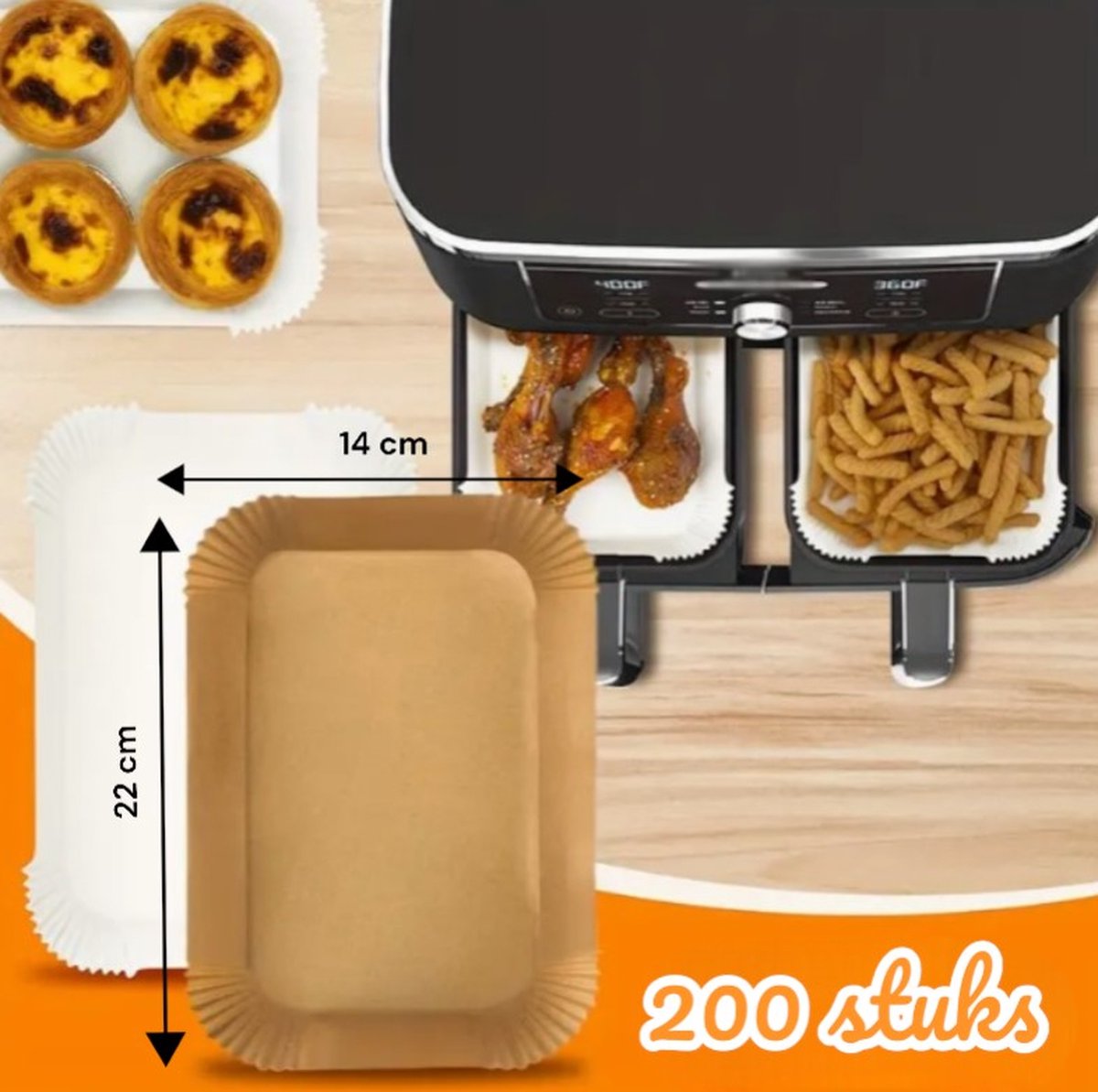Dutchers® Airfryer Bakpapier voor Dubbele Heteluchtfriteuse – 200 Stuks, 22x14 cm – Te gebruiken voor: Ninja AF300EU, AF400EU, AF451EU, AF500EU, SL400EU en Andere Tweezone Airfryers
