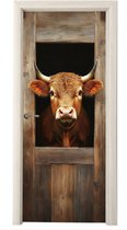 Deurposter 80x205 cm - Deursticker Koe - Doorkijk - Raam - Hout - Dieren - Meubelfolie zelfklevend - Deurfolie woonkamer - Interieurfolie fotobehang - Deur plakfolie - Deurstickers - Deurbehang sticker - Kamer decoratie