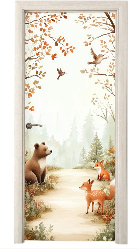 Deurposter 80x205 cm - Deursticker Bos - Herfst - Bosdieren - Beer - Vos - Meubelfolie zelfklevend - Deurfolie woonkamer - Interieurfolie fotobehang - Deur plakfolie - Deurstickers - Deurbehang sticker - Kamer decoratie