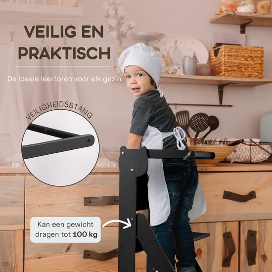 COSYLAND Opvouwbare Houten Leertoren vanaf 1 Jaar – Winnaar van de iF Design Award, met Veiligheidsnet en Verstelbare Hoogte, Perfect voor Keuken en Badkamer (Zwart & Naturel