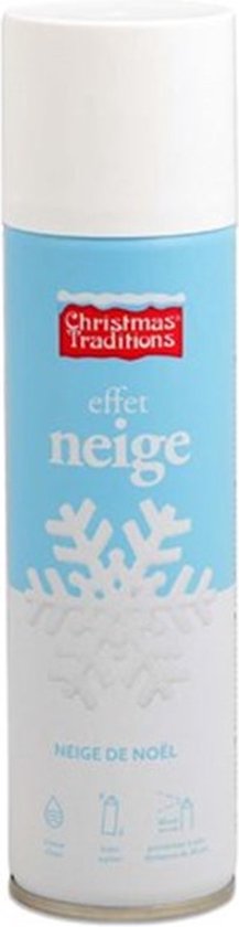 Bus met "Christmas Traditions" sneeuweffect, "effet neige", met witte sneeuwvlokken op een lichtblauwe achtergrond.