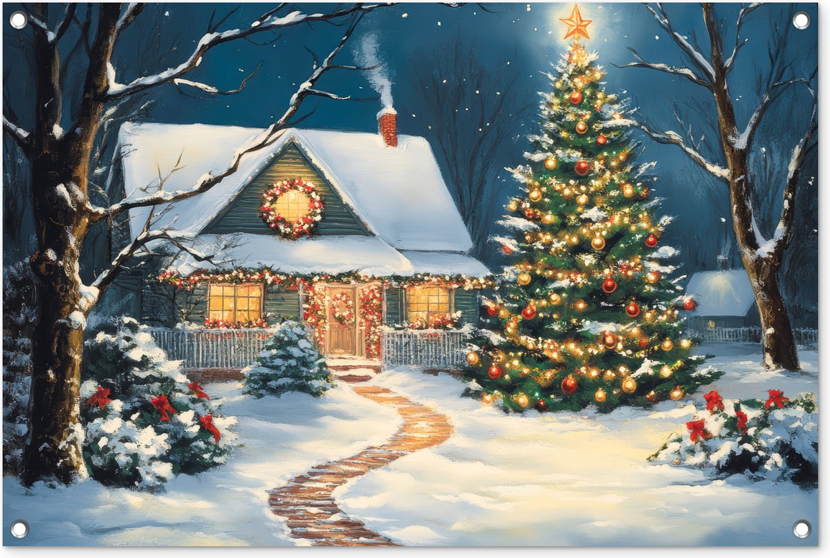 Tuinposter met Kerstboom en Sneeuw voor buiten decoratie.