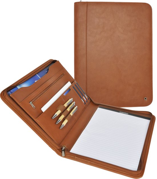 DESQ® Lederen A4-schrijfmap - echt leer, insteekvak voor documenten, 5 kaartvakken, schrijfblok uitgerust, zwart, Nederlands design DESQ® Lederen A4-schrijfmap - echt leer, insteekvak voor documenten, 5 kaartvakken, schrijfblok uitgerust, zwart, Nederlands design