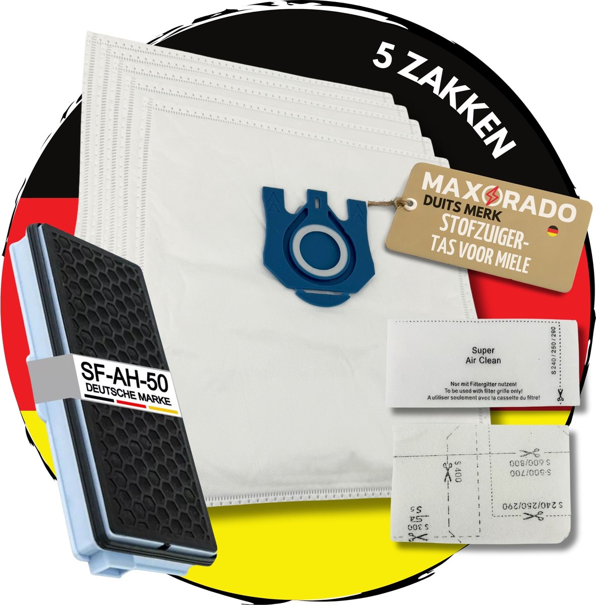 Maxorado Stofzuiger Set 8-delig – 5 Zakken + 1 Hepa + 1 Uitblaas + 1 Motor Filter - geschikt voor Miele C3, C2, S8340, S8430, S8310, S8360, S8, S5, S5211, S5210, S8460