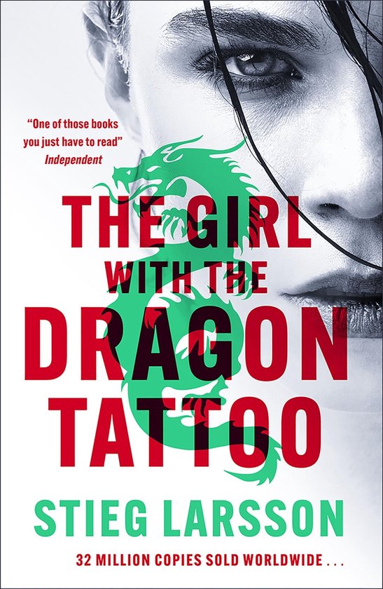 Boekomslag: 'The Girl With The Dragon Tattoo' met rode tekst en een groene draak. "One of those books you just have to read" - Independent.