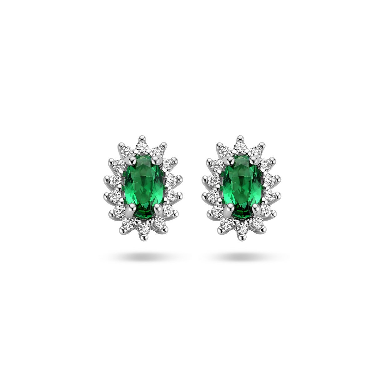 Zilver Gerhodineerd Oorknoppen Synth. Smaragd En Zirkonia Halo 1336572