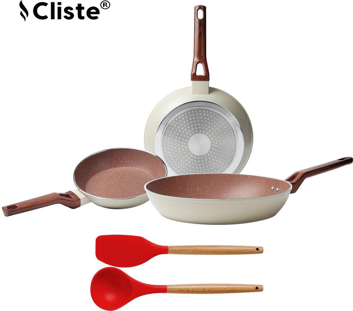 Cliste Koekenpan Inductie Set - 3 Delig Koekenpannenset Ø 20/24/28 cm met gratis 2 spatels - Pannenset Voor Alle Warmtebronnen - Antiaanbaklaag en Keramisch Coating - Braadpannenset Met Koudgrepen - Beige
