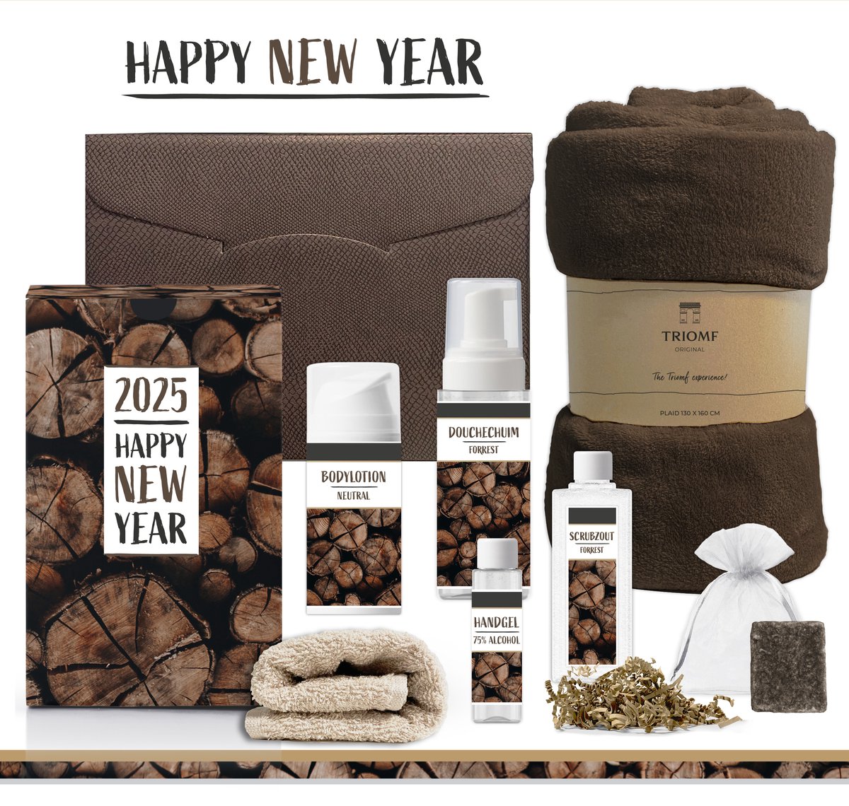 Goedkoopste Geschenkset Happy New Year - 7 Producten - 1400 gram | Luxe cadeauset voor hem en haar - Wellness Kerstpakket - Cadeau Gelukkig Nieuwjaar Feestje Jaar 2025 - Eindejaarsgeschenk man vrouw -Pakket fijne Jaarwisseling -Giftset Oud Nieuw -Forrest Bruin