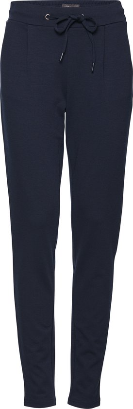 Donkerblauwe broek met trekkoord, strikdetail en steekzakken.