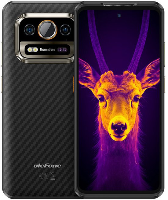 Ulefone Armor 25T Pro smartphone met zwart koolstofvezelpatroon achterkant en dubbele camera's. Het scherm toont een thermisch beeld van een antilope.