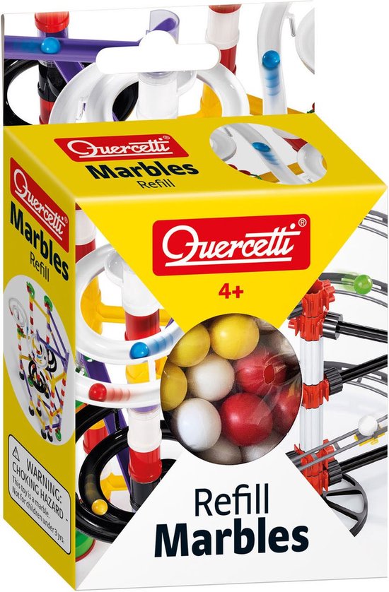 Gele, witte en rode Quercetti navulbare knikkers (100 stuks) in kartonnen verpakking met afbeelding van een knikkerbaan.