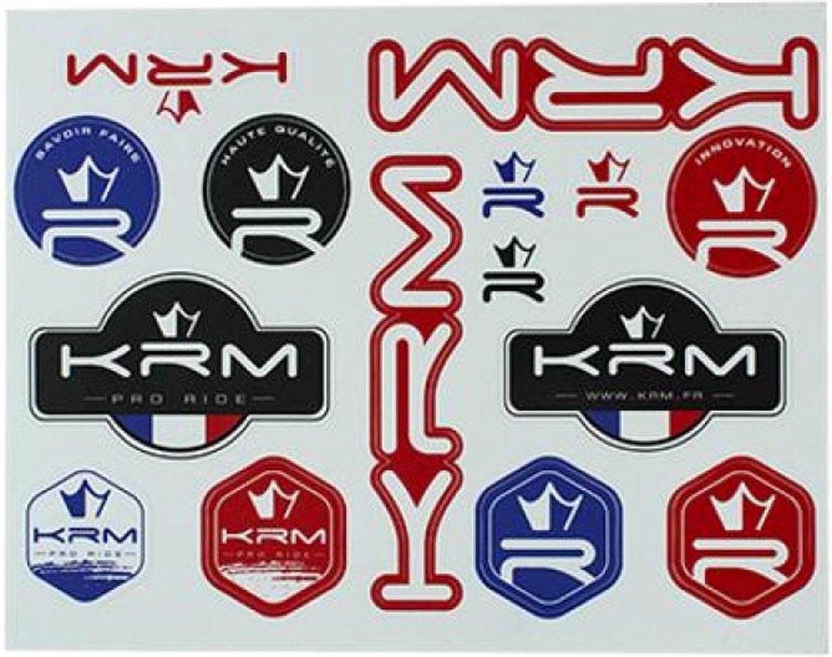 set van 15 motorfiets stickers krm pro ride rood zwart blauw