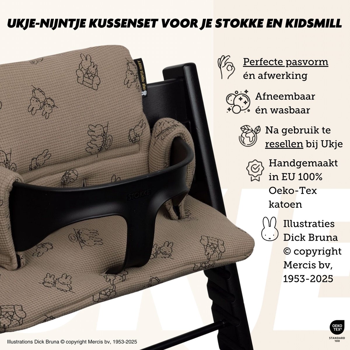 Stoelverkleiner TrippTrapp Ukje - Nijntje - Geschikt voor Stokke Tripp Trapp Kussenset - Kinderstoel Verkleiner Kussen - Perfecte Pasvorm - Oeko-Tex katoen - Taupe Nijntje wafelstof – foto 7
