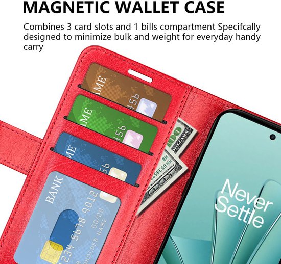 Rode wallet book case met drie kaartsleuven, één biljetvak en een magnetische sluiting.