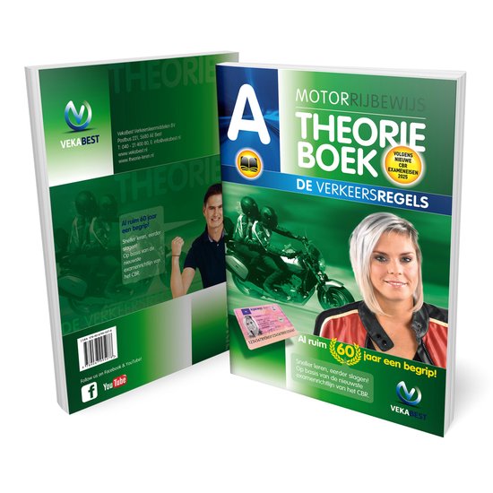 Motor theorieboek 2025, met een vrouw op de cover, voor motorrijbewijs A.