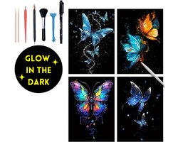 Glow in the Dark Scratch Art 4x A4 Deluxe Set | Incl. 7 Tools | Magic Kras Tekeningen Kraskaarten Krasfolie Kraskaart | Kinderen en Volwassenen Knutselen Tekenen | Painting Schilderen op Nummer Diamond Painting | Knutselpakket Tekenpakket