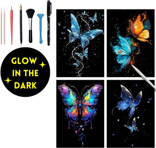 Glow in the Dark Scratch Art 4x A4 Deluxe Set | Incl. 7 Tools | Kinderen en Volwassenen | Magic Kras Tekeningen Kraskaarten Krasfolie Kraskaart | Knutselen Tekenen | Painting Schilderen op Nummer Diamond Painting | Knutselpakket Tekenpakket