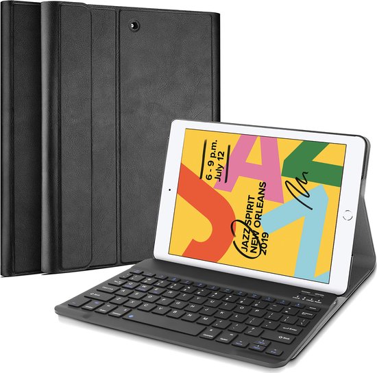 Zwarte tablet-hoes met toetsenbord, tablet is geopend en toont een poster.