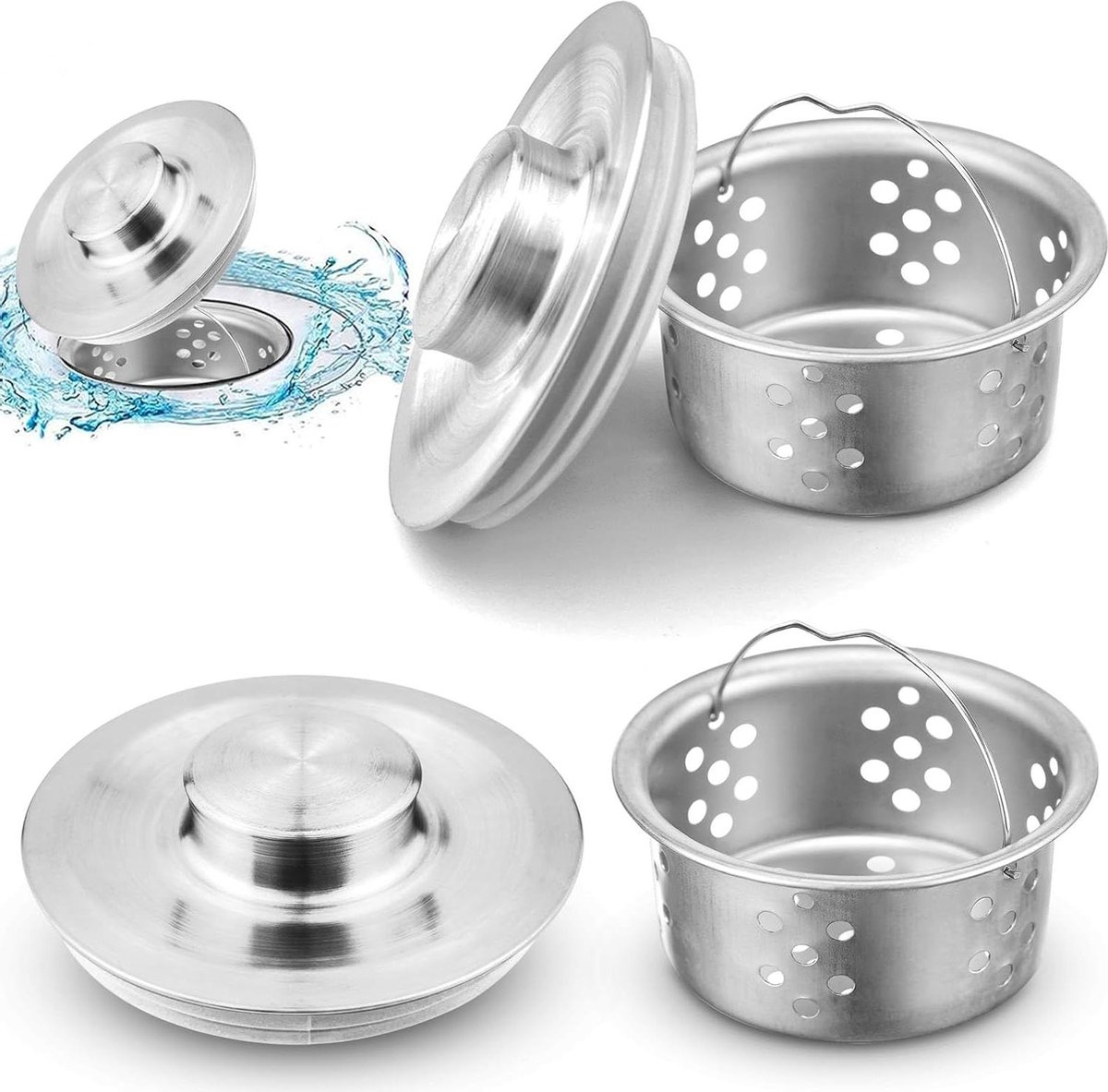 Goedkoopste Afvoerzeefset van roestvrij staal 304 - 4 stuks - keukenspoelbak & gootsteenstop - universele gootsteenzeef - gootsteenaccessoires