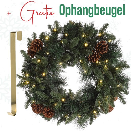 Meisterhome Kerstkrans van 50 cm - Met Gratis Ophangbeugel en 35 Warmwitte LED's - Timer - Dennenappels - Kerstkrans met verlichting