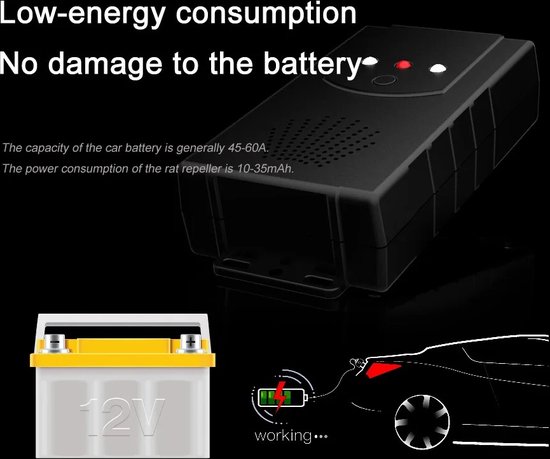 Zwarte marterverjager met tekst 'Low-energy consumption, No damage to the battery'. Naast een autobatterij en een aangesloten auto.
