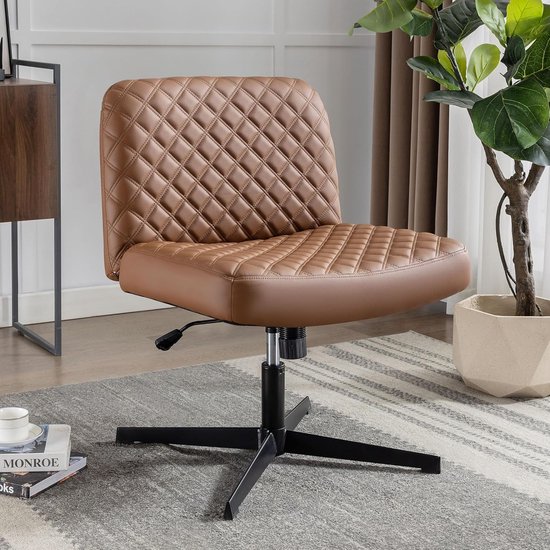 Sweiko Bureaustoel, Rolstoelloze Bureaustoel, Metalen Onderstel, Ergonomische Stoel, Gewatteerde Bekleding, Draaibare Dressoir Stoel, Bruin