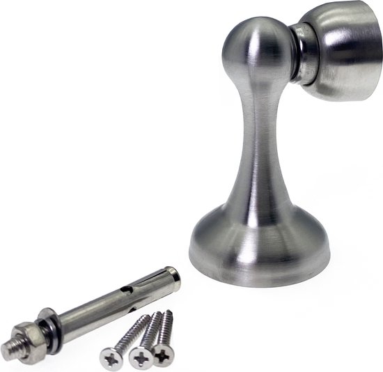 Zilverkleurige magnetische deurvastzetter met schroeven en plug, op een witte achtergrond.